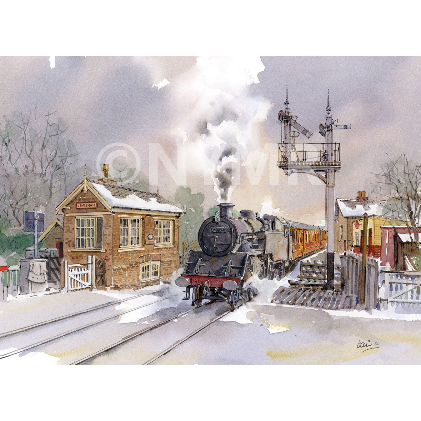A Christmas card with a painting of BR Standard 4 Tank No 80136 at Levisham Station.