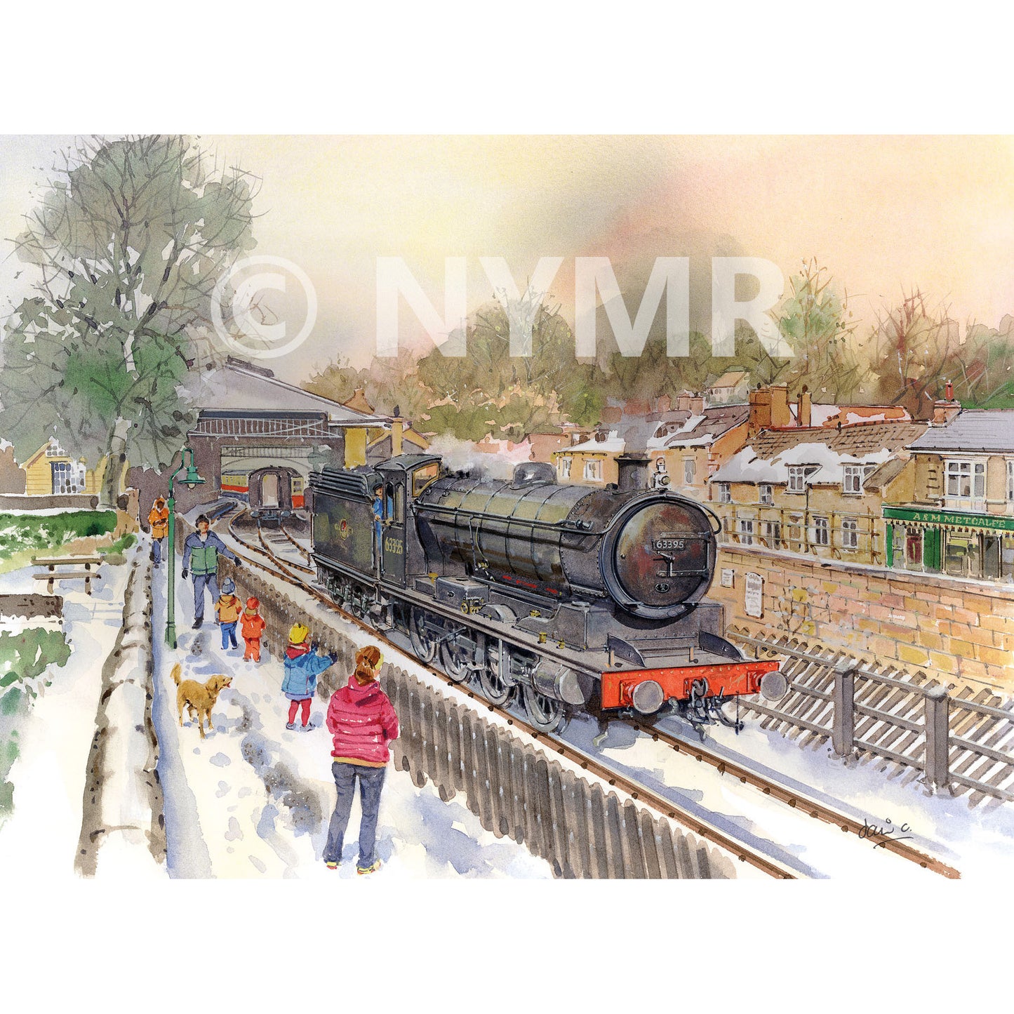 A Christmas card with a painting of LNER Q6 No 63395 at Pickering Station