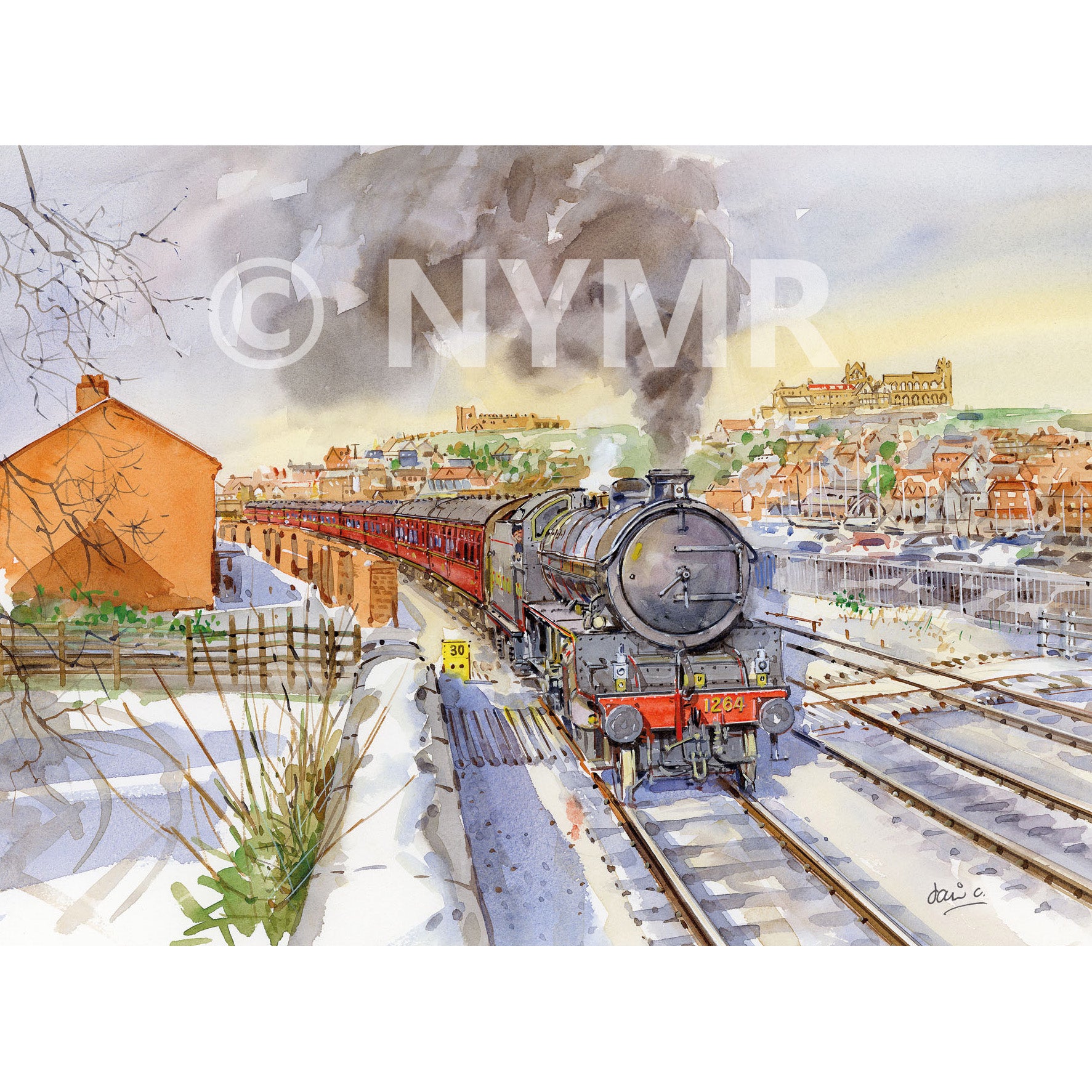 A Christmas card with a painting of LNER B1 61264 departing from Whitby.