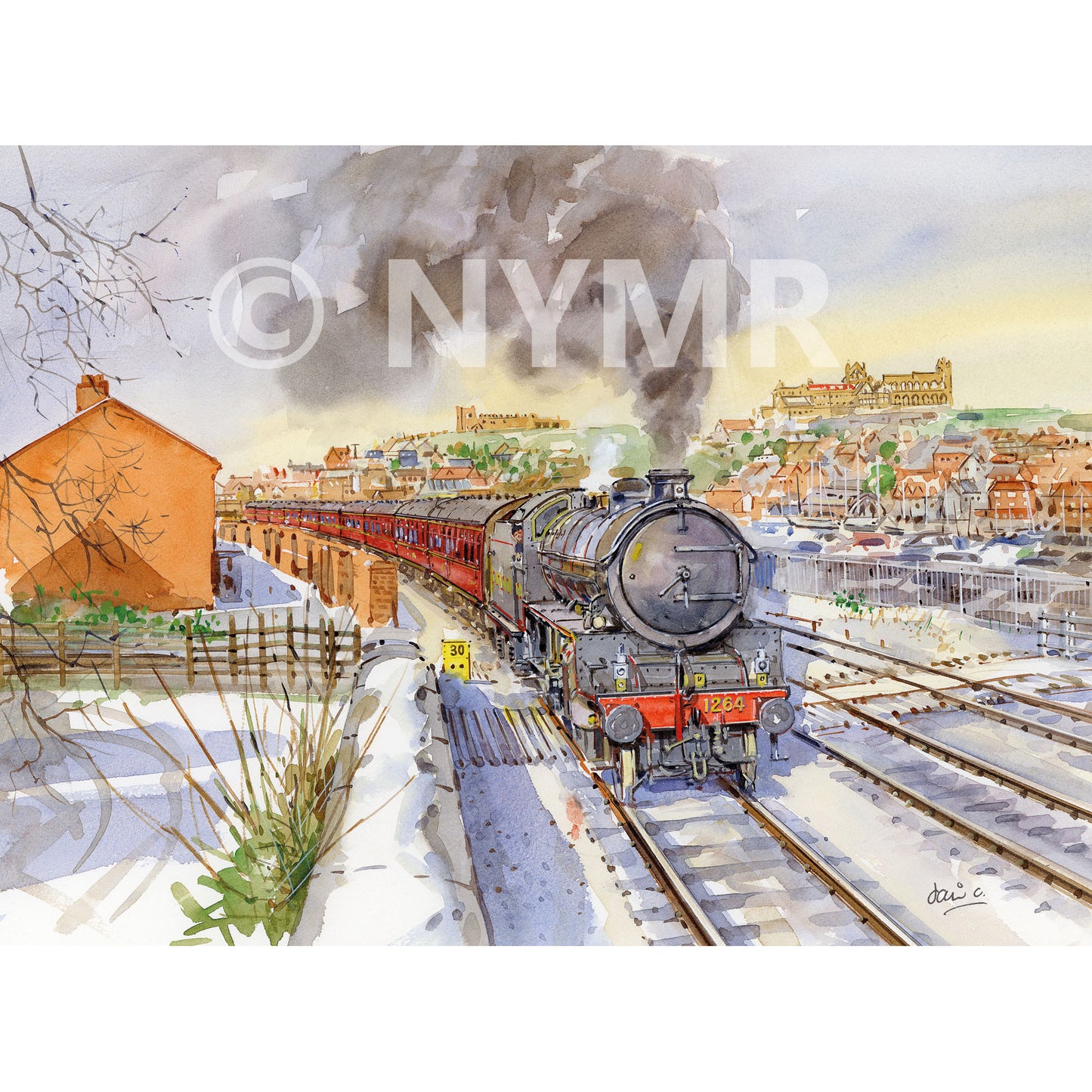 A Christmas card with a painting of LNER B1 61264 departing from Whitby.