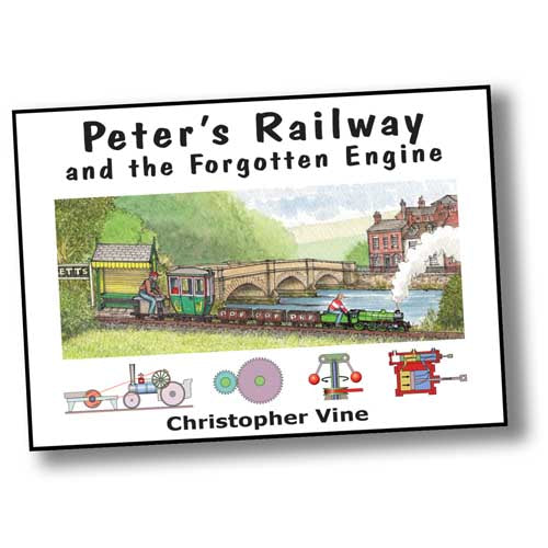 Book cover with a painting of a boy riding past a bridge on a green miniature steam engine. Peter's Railway and the Forgotten Engine by Christopher Vine.