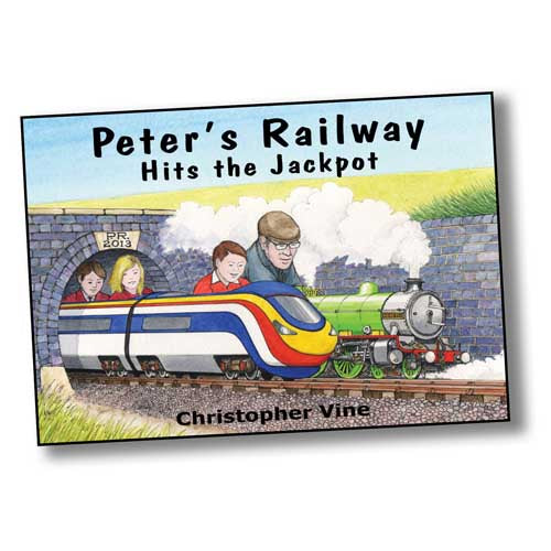 Book cover with a painting of a boy driving a miniature diesel engine alongside a man driving a miniature green steam engine under a bridge. Peter's Railway Hits the Jackpot by Christopher Vine.