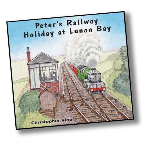 Book cover with a painting of a green steam engine with red carriages passing a signal box. Peter's Railway Holiday at Lunan Bay by Christopher Vine.