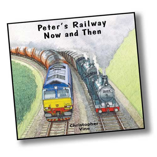 Book cover with a painting of a diesel train alongside a double headed steam train. Peter's Railway Now and Then by Christopher Vine.