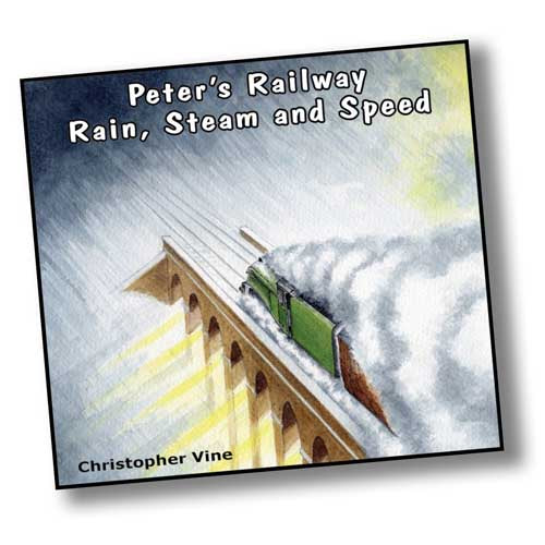 Book cover with a green steam engine crossing a viaduct in a storm. Peter's Railway Rain, Steam and Speed  by Christopher Vine.