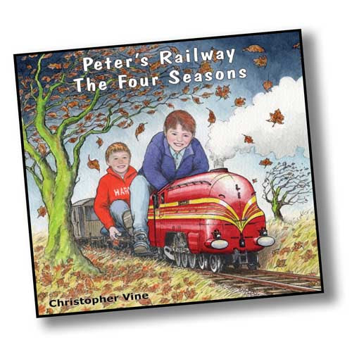 Book cover with a painting of a boy and his friend driving a red miniature diesel train under an autumnal tree. Peter's Railway The Four Seasons by Christopher Vine.