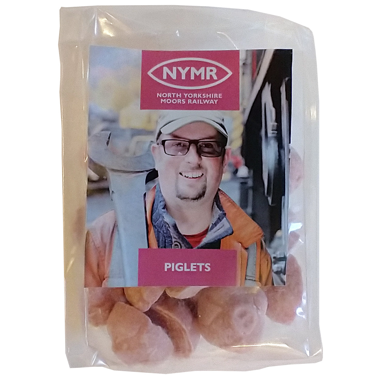 A packet of round pink pig's face shaped sweets with a picture of the famous NYMR Piglet holding an enormous spanner. With the NYMR logo and the title 'Piglets'.