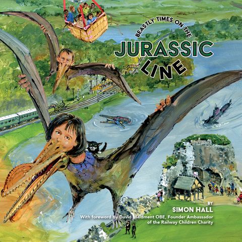 Front cover of book showing two children as pterodactyls, a hot air balloon basket full of people and a train. Beastly Times on the Jurassic Line by Simon Hall.