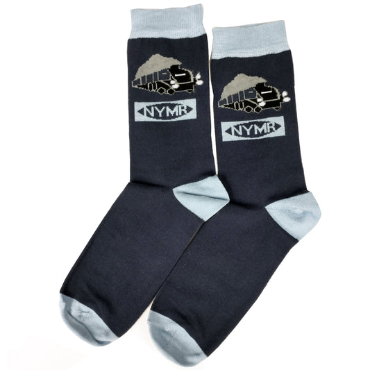 Navy blue socks with pale blue tops, toes and heels. With picture of Sir Nigel Gresley and N Y M R logo.