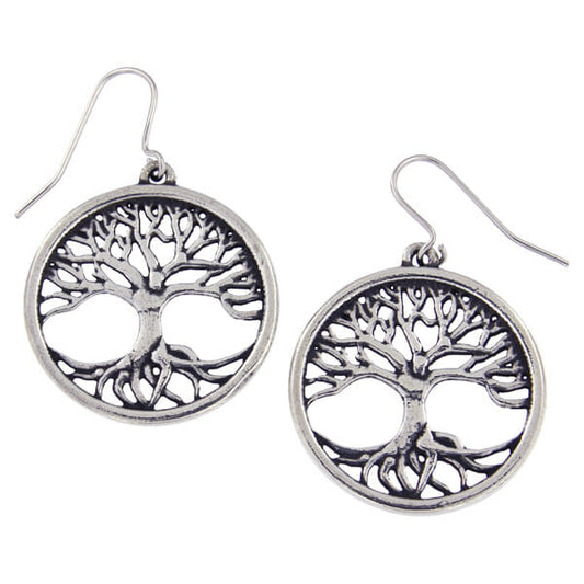 A pair of silver coloured pewter drop earrings. The tree is depicted with branches and roots within a circle. 