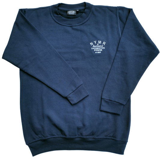 Navy round neck sweatshirt with white embroidery on left .