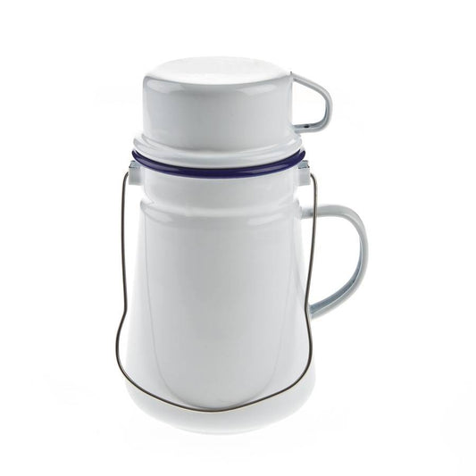 White enamel tea can with blue rim and metal carrying handle. The lid becomes a cup.