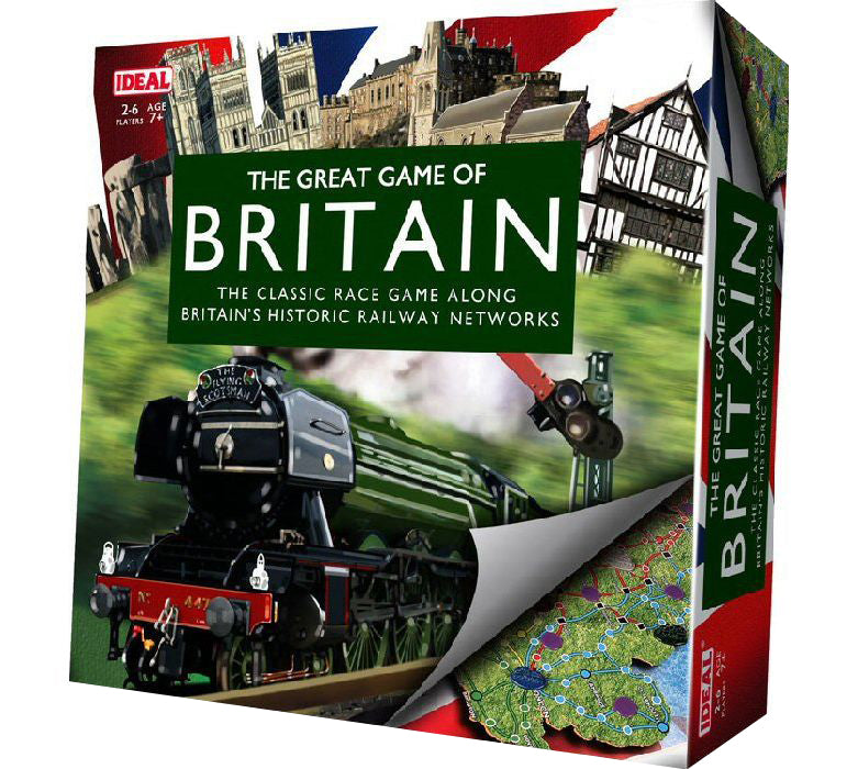 Square box with pictures of various British sights including a large picture of the flying scotsman. 2-6 players age 7+. The Great Game of Britain printed in white on a green background in the middle.