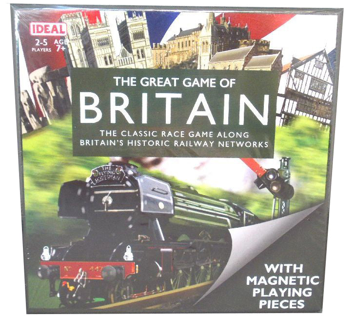 Square box with pictures of various British sights including a large picture of the flying scotsman. 2-5 players age 7+. The Great Game of Britain printed in white on a green background in the middle.  With magnetic playing pieces.