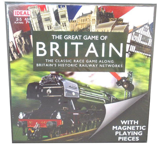 Square box with pictures of various British sights including a large picture of the flying scotsman. 2-5 players age 7+. The Great Game of Britain printed in white on a green background in the middle.  With magnetic playing pieces.
