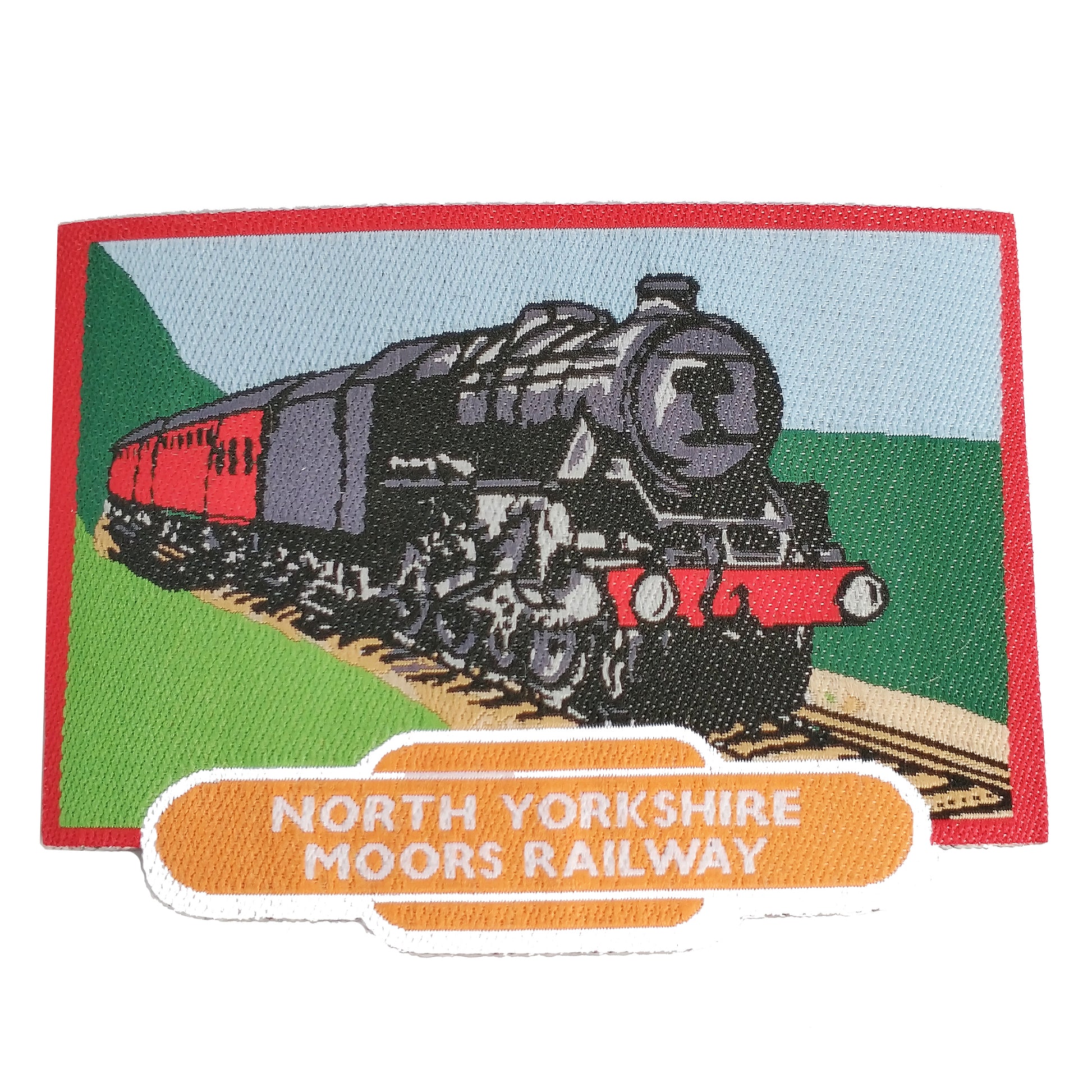 Oblong sew on badge with coloured picture of steam train and North Yorkshire Moors Railway embroidered in white on an orange totem at the bottom.