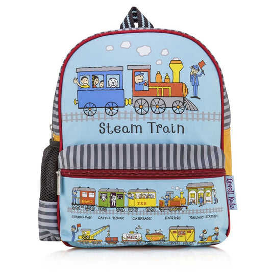 Tyrell Katz child's back pack in pale blue with children's pictures of steam trains and various carriages.  There is a handle, a zip pocket and a mesh pocket on the side.