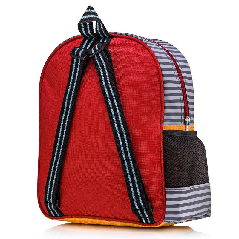 Red back of child's back pack showing striped adjustable straps and main zip.