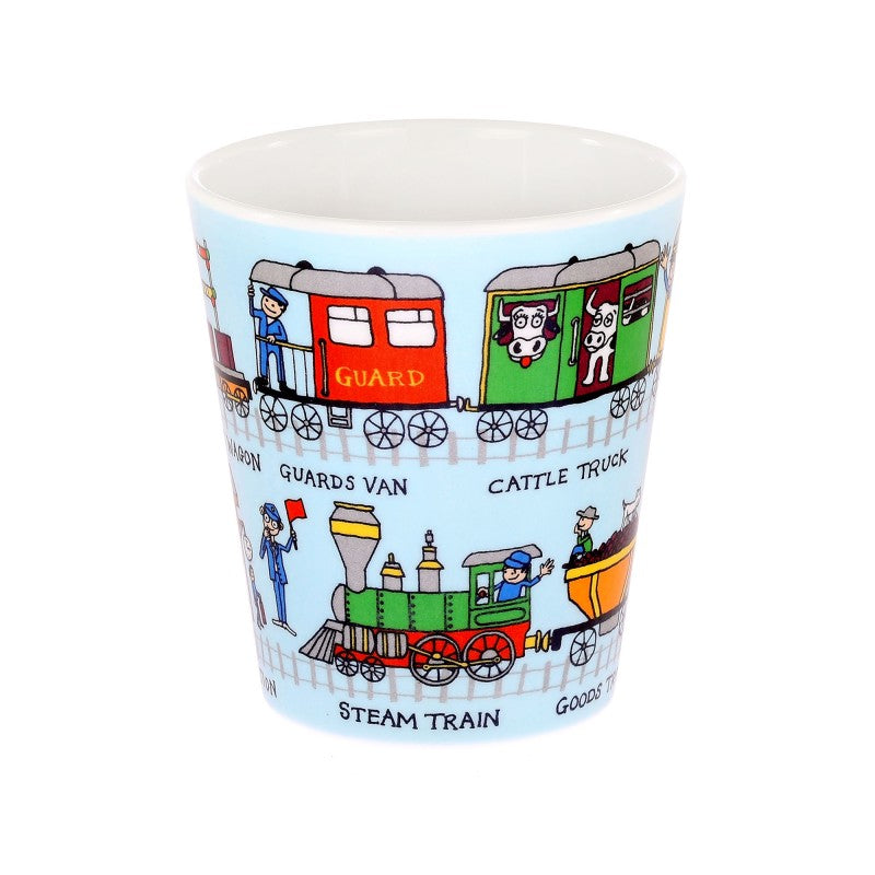 Tyrell Katz pale blue melamine beaker with children's pictures of steam trains and various carriages.  White inside.