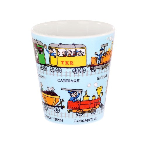 Tyrell Katz pale blue melamine beaker with children's pictures of steam trains and various carriages. White inside.