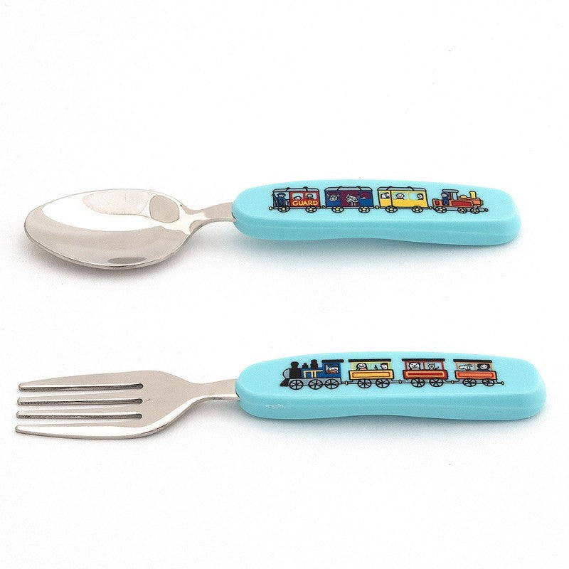 Tyrell Katz child's metal spoon and fork with blue plastic handles with children's pictures of a steam train on the handles.