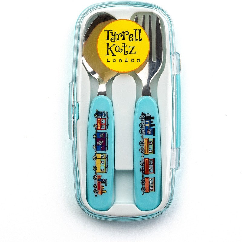 Child's metal spoon and fork with blue plastic handles with children's pictures of a steam train on the handles.  In a plastic case with a Tyrell Katz London yellow label.