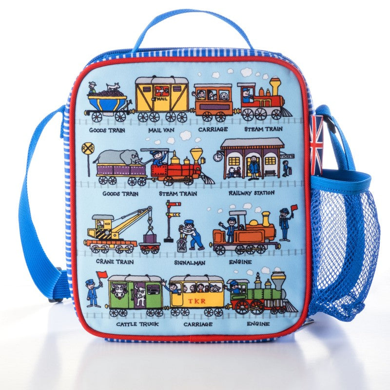 Tyrell Katz pale blue trains lunch bag with children's pictures of steam trains and various carriages. Includes adjustable strap, top handle and mesh pocket on side.