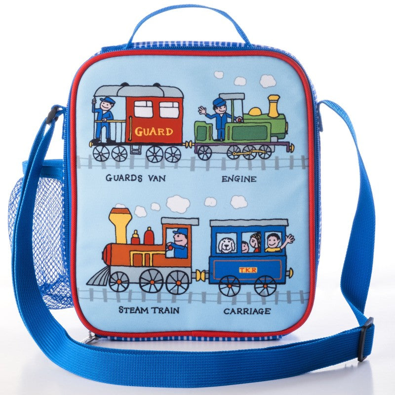Tyrell Katz pale blue trains lunch bag with children's pictures of steam trains and various carriages. Includes adjustable strap, top handle and mesh pocket on side.