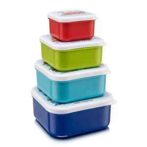 Picture of the square boxes with lids stacked. Largest is darker blue, then light blue, green and the smallest one red.