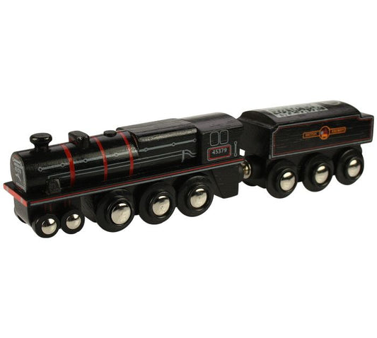 Black wooden replica of the Black 5 Engine with matching coal wagon. and magnetic fastening.  Marked with engine number 45379 and British Railway logo on wagon.