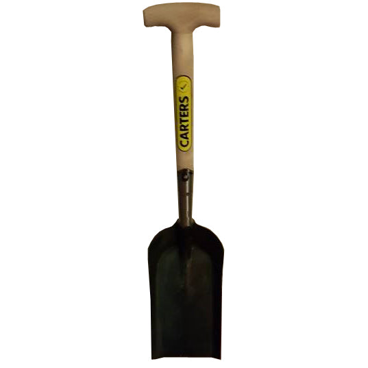 Black metal coal shovel with wooden handle labelled Carters.