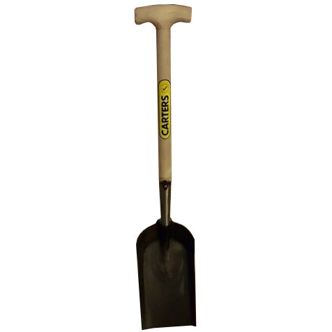 Black metal coal shovel with wooden handle labelled Carters.