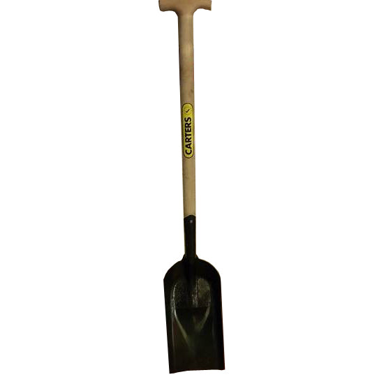 Black metal coal shovel with long wooden handle labelled Carters.
